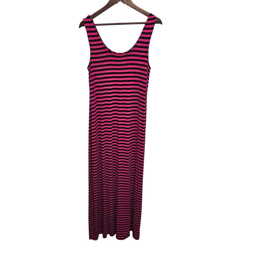 Merona Vintage 90s Pink Navy Blue Striped Sleeveless Maxi Dress XL Scoop Neck